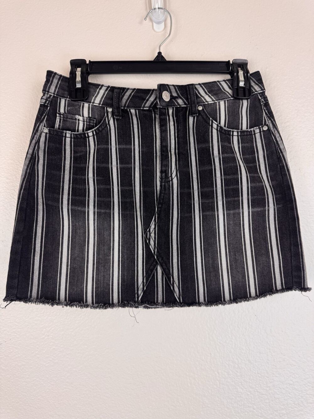 Sky And Sparrow Grunge Punk Striped Cut Off Denim Mini Skirt Black Gray 7